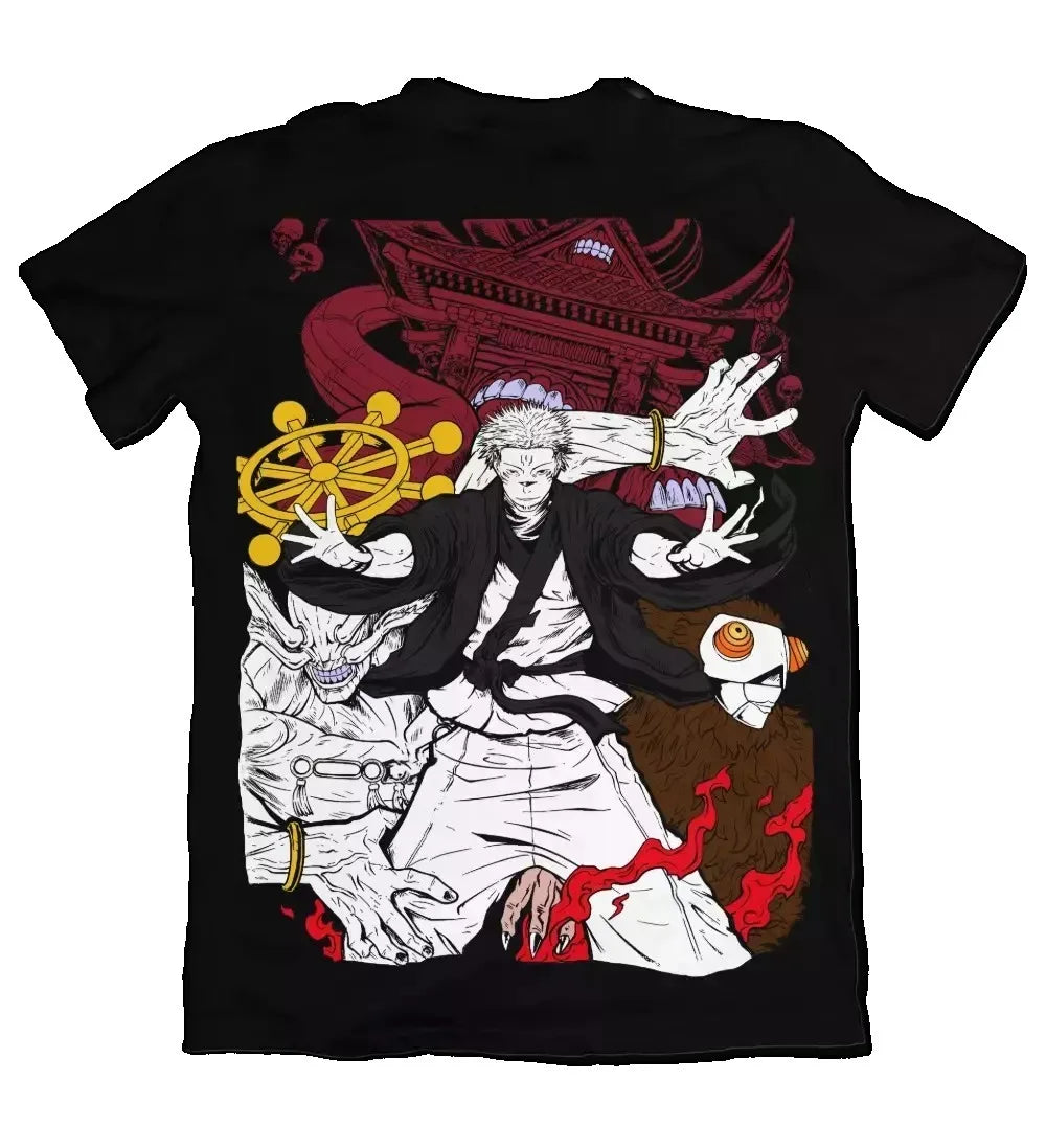 T-shirt Jujutsu Kaisen Sukuna Mandala Doré : noir avec grand visuel manga Sukuna et motifs rouges, dorés et blancs