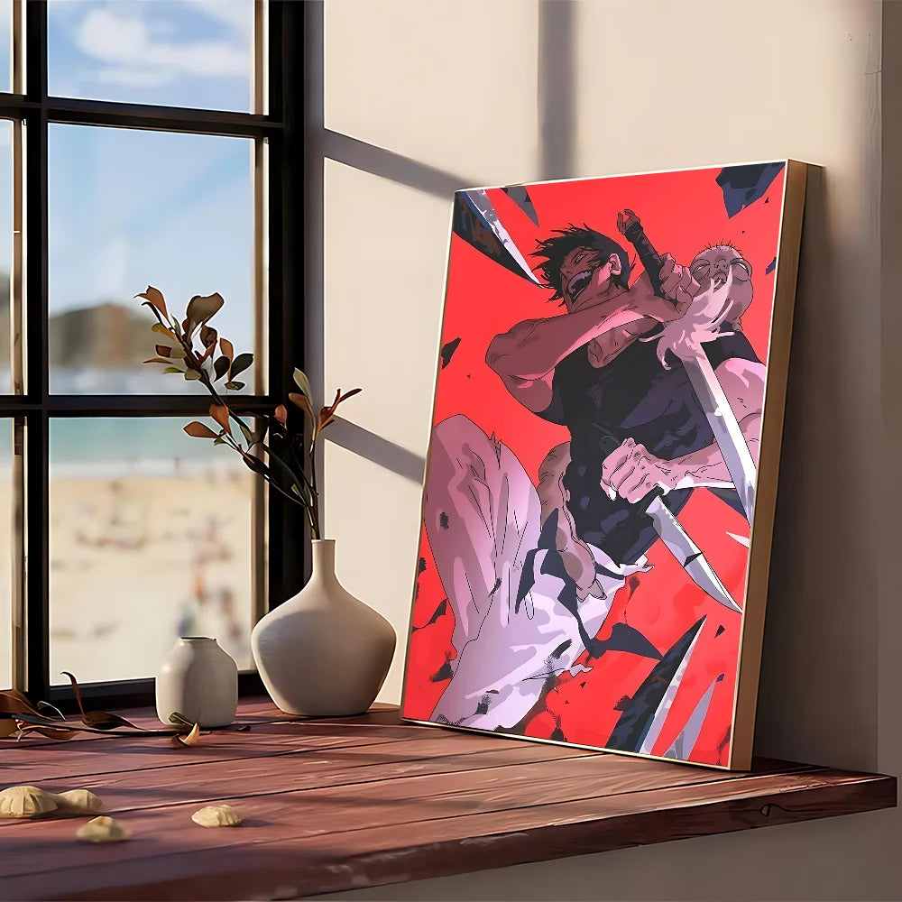 Affiche Jujutsu Kaisen Toji, fond rouge, personnage en noir tenant une dague