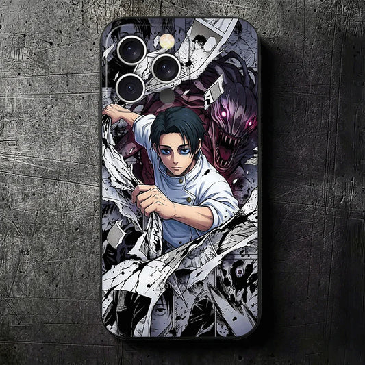 Coque iPhone noire avec motif Jujutsu Kaisen Reine des Fléaux x Yuta, personnages et ailettes