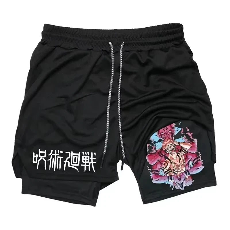 Shorts de sport noirs avec cordon et imprimé coloré au bas de la jambe droite.