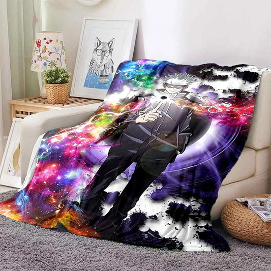 Plaid Jujutsu Kaisen Satoru Gojo Infini : satoru Gojo à fond galactique multicolore, image centrale et bords noirs.