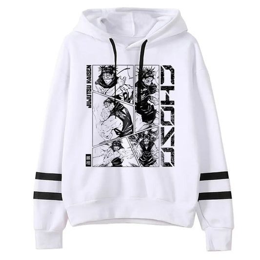 Pull Jujutsu Kaisen Choso Planche Manga Noir et Blanc : à capuche blanc avec impression manga noir et blanc et bandes noires sur les manches