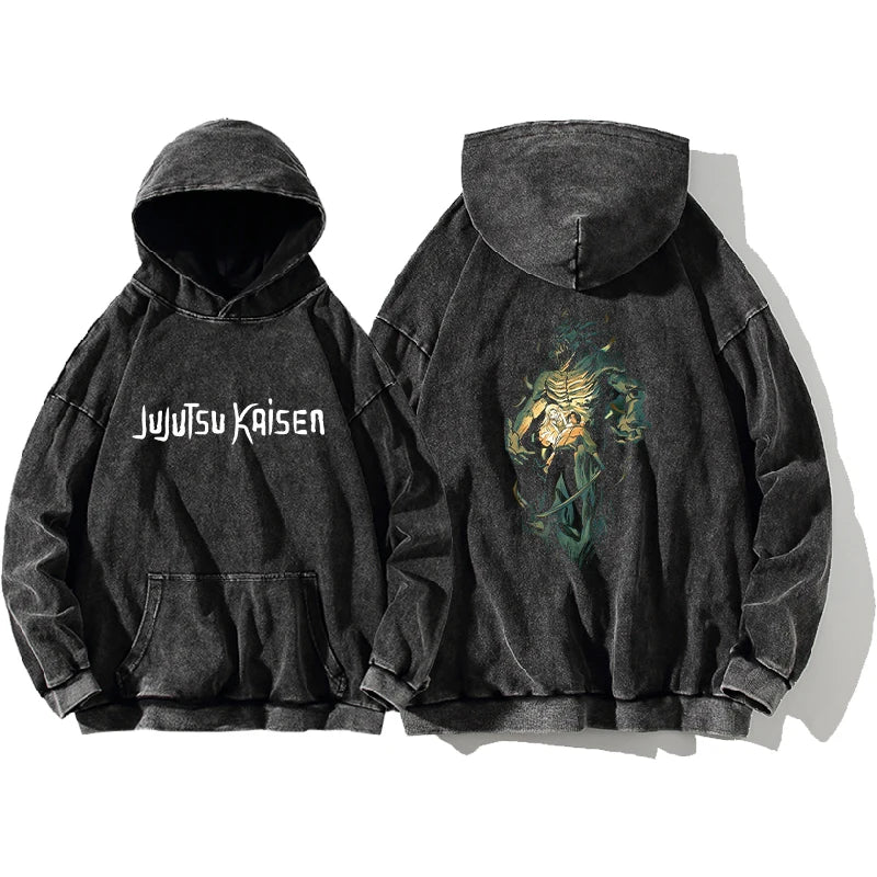 Pull Jujutsu Kaisen Yuta Rika Aura Verte : sweat à capuche foncé, capuche et poche kangourou, imprimé Jujutsu Kaisen au dos.
