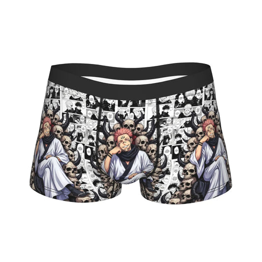 Boxer homme noir à motif manga crânes et personnages, ceinture élastique.