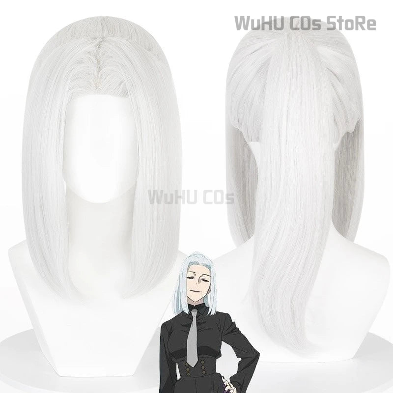 Perruques cosplay blanches, vues avant et arrière, cheveux longs lisses