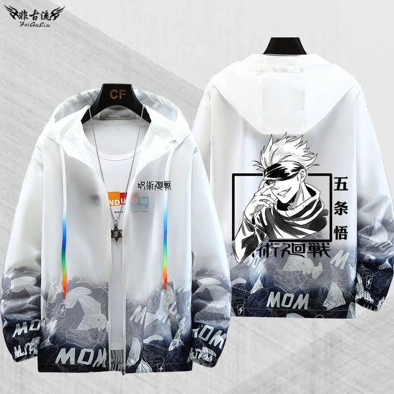 Gilet transparent Gojo Jujutsu Kaisen à capuche, dos avec dessin manga et texte japonais MOM