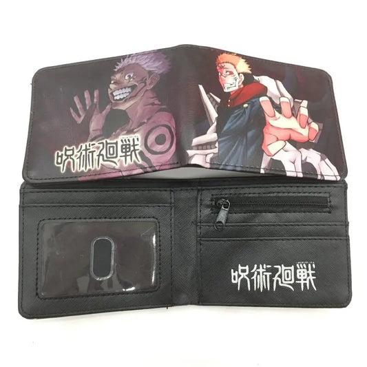 Porte-feuilles noir à rabat, impression anime, poche zippée et fenêtre transparente