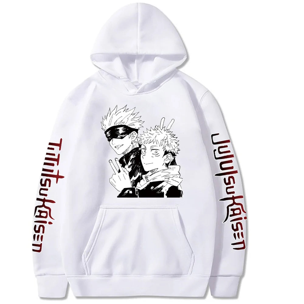 White pullover hoodie with two-character front graphic and vertical black sleeve text.