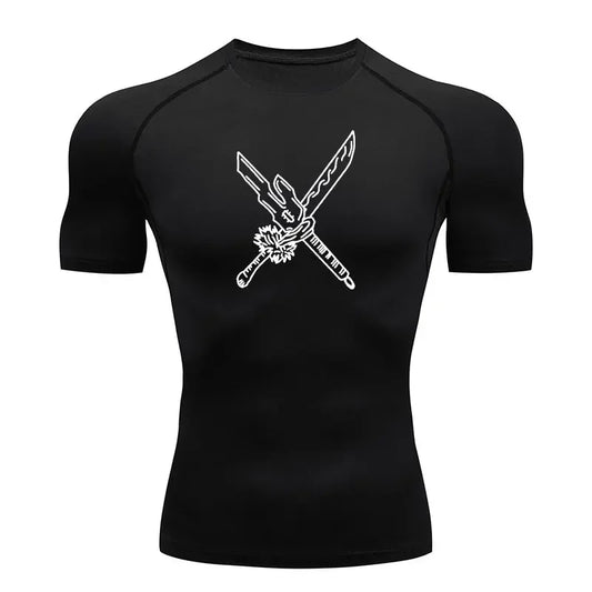 T-shirt compression noir à manches courtes, motif graphique blanc « Armes maudites »