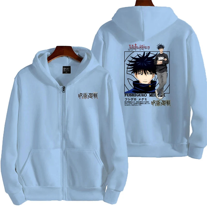 Veste à capuche zippée bleu clair avec imprimé personnage devant et au dos