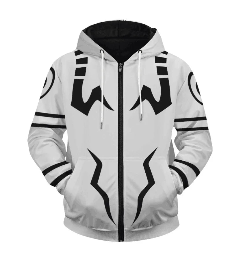 Veste à capuche zippée gris clair avec motif noir sur le devant et les manches