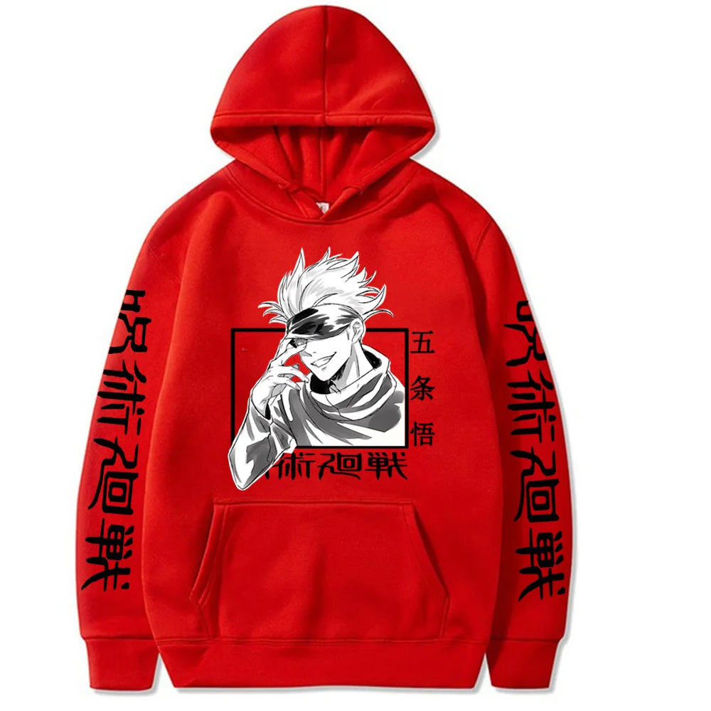 Pull Jujutsu Kaisen Gojo Yeux Caché Bandeau : hoodie rouge à capuche avec grand visuel sur la poitrine et poche kangourou