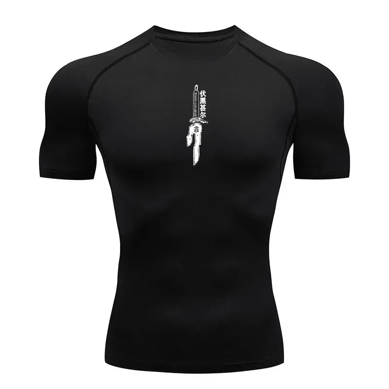 T-shirt de compression noir avec motif épée verticale blanche et texte chinois au centre