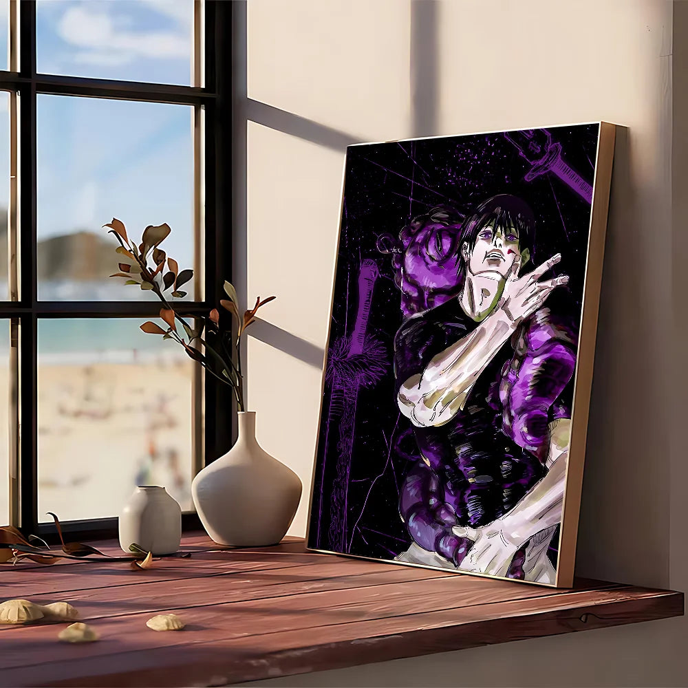 Poster Jujutsu Kaisen Toji Créature Violette : affiche violette avec personnage illustré, fond sombre et graffitis, bord noir.