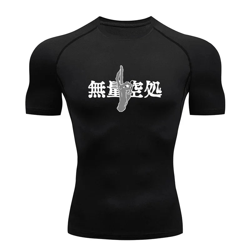 T-shirt compressé noir avec imprimé symboles sur la poitrine, manches courtes