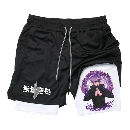 Short Jujutsu Kaisen Gojo Cercle Violet Mains Jointes : noir avec cordon, imprimé mains jointes violet et personnage sur empiècement blanc.