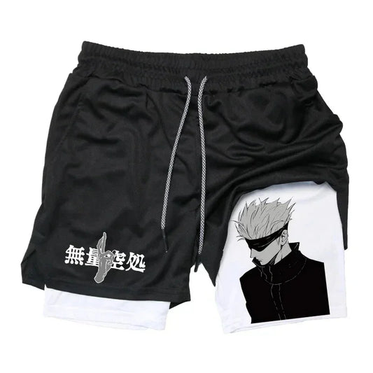Short Jujutsu Kaisen Gojo Buste Lunettes Noires : noir à cordon, double couche avec imprimé personnage en lunettes noires