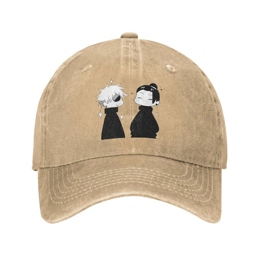 Casquette en toile beige avec motif chibi Gojo x Geto sur le devant