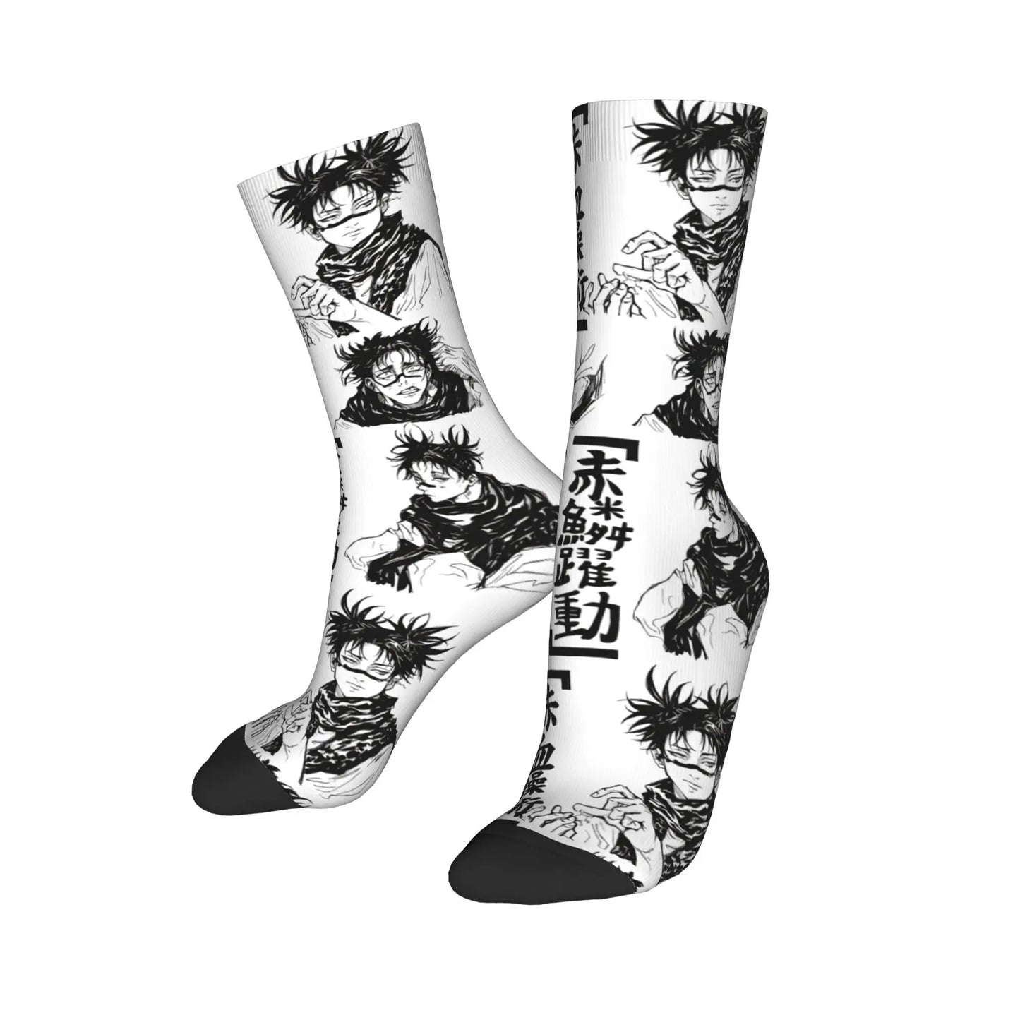 Paire de chaussettes blanches avec imprimé manga noir et visages, bordures noires.