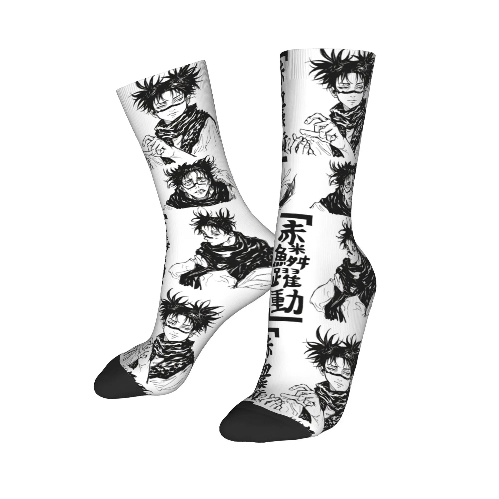 Paire de chaussettes blanches avec imprimé manga noir et visages, bordures noires.