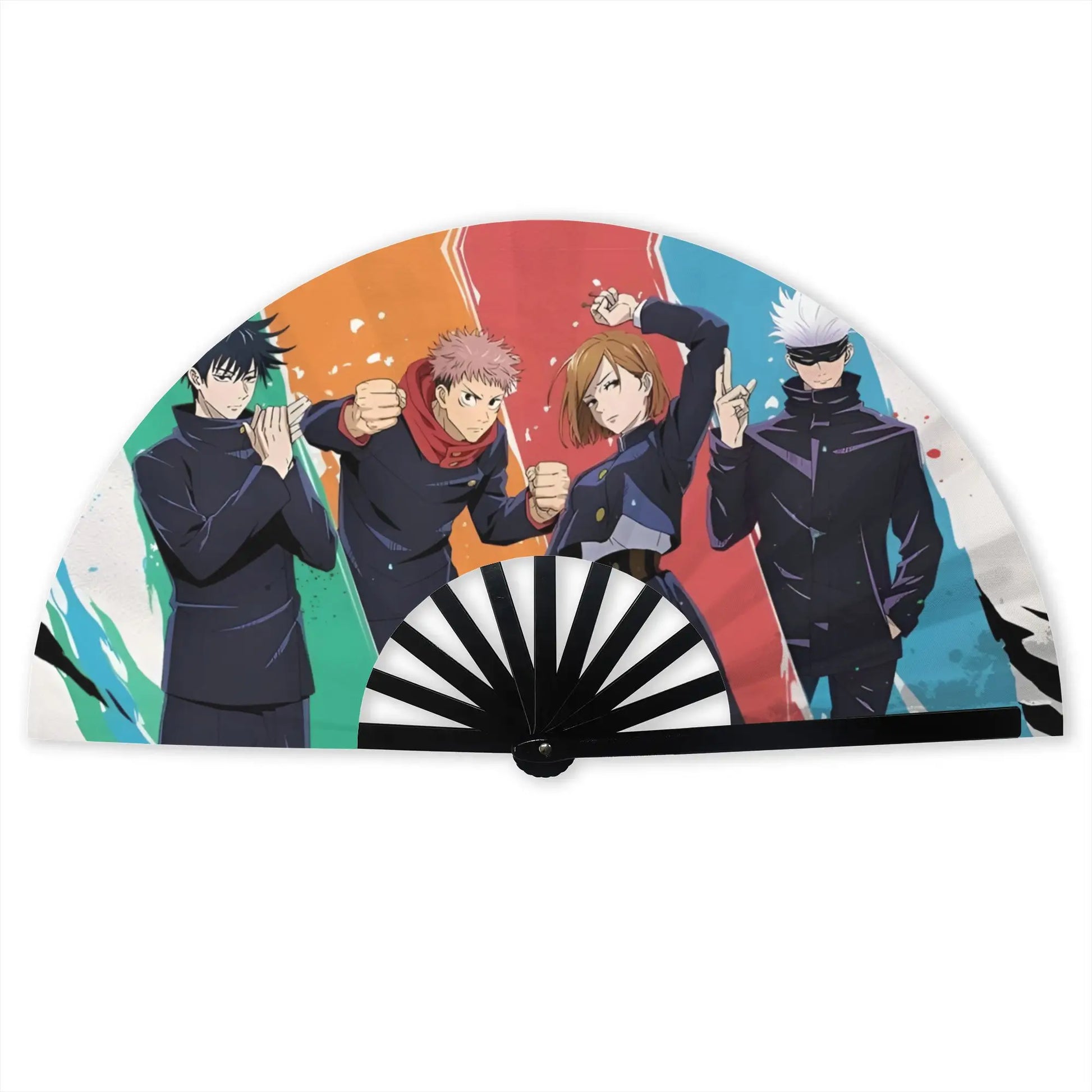 Éventail pliable noir et blanc avec personnages anime Clan Gojo sur la toile