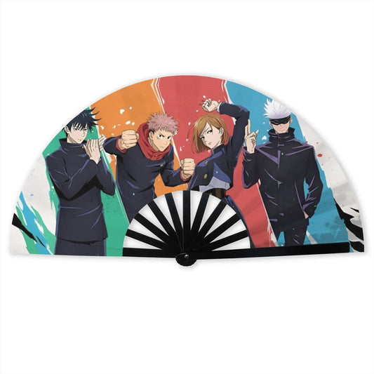 Éventail pliable noir et blanc avec personnages anime Clan Gojo sur la toile
