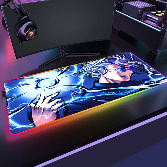 Tapis de souris RGB bleu avec illustration anime et éclairage LED, rectangulaire