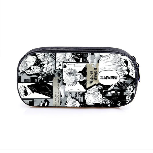 Trousse Jujutsu Kaisen Mangas Plaquette : zippée noire et blanche à motif manga en collage, format trousse