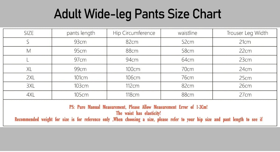 Tableau des tailles adulte pour pantalon ample : S à 4XL (longueur, taille, hanches)