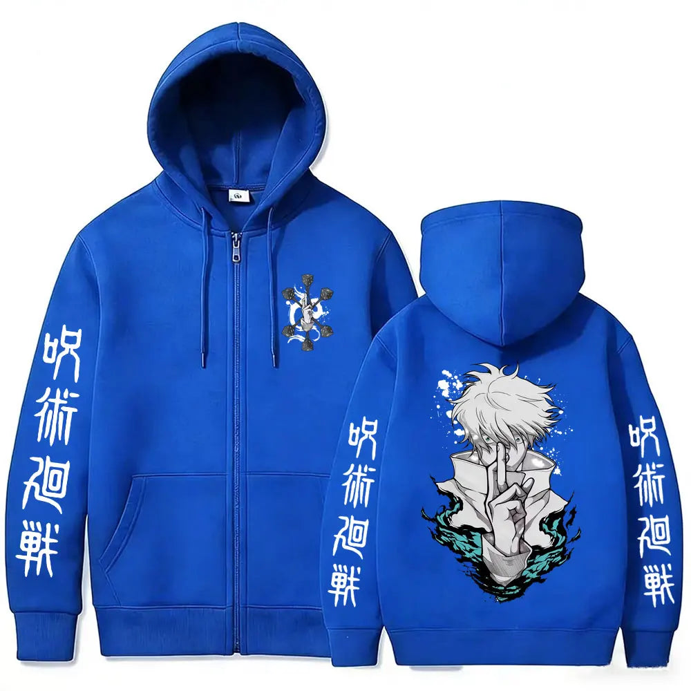 Gilet zippé à capuche bleu, impression personnage et caractères sur manches