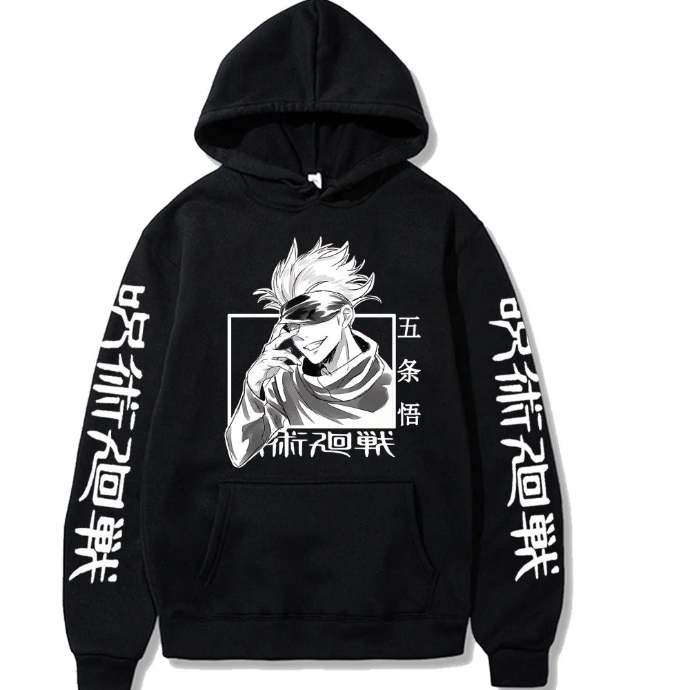Black pullover hoodie with two-character front graphic and long vertical text on sleeves.