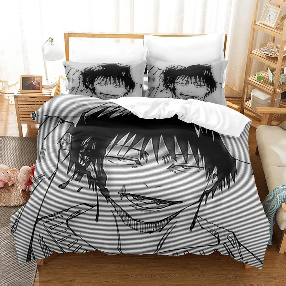 Parure de lit Jujutsu Kaisen Art Toji, housse noire à portraits anime noir et blanc