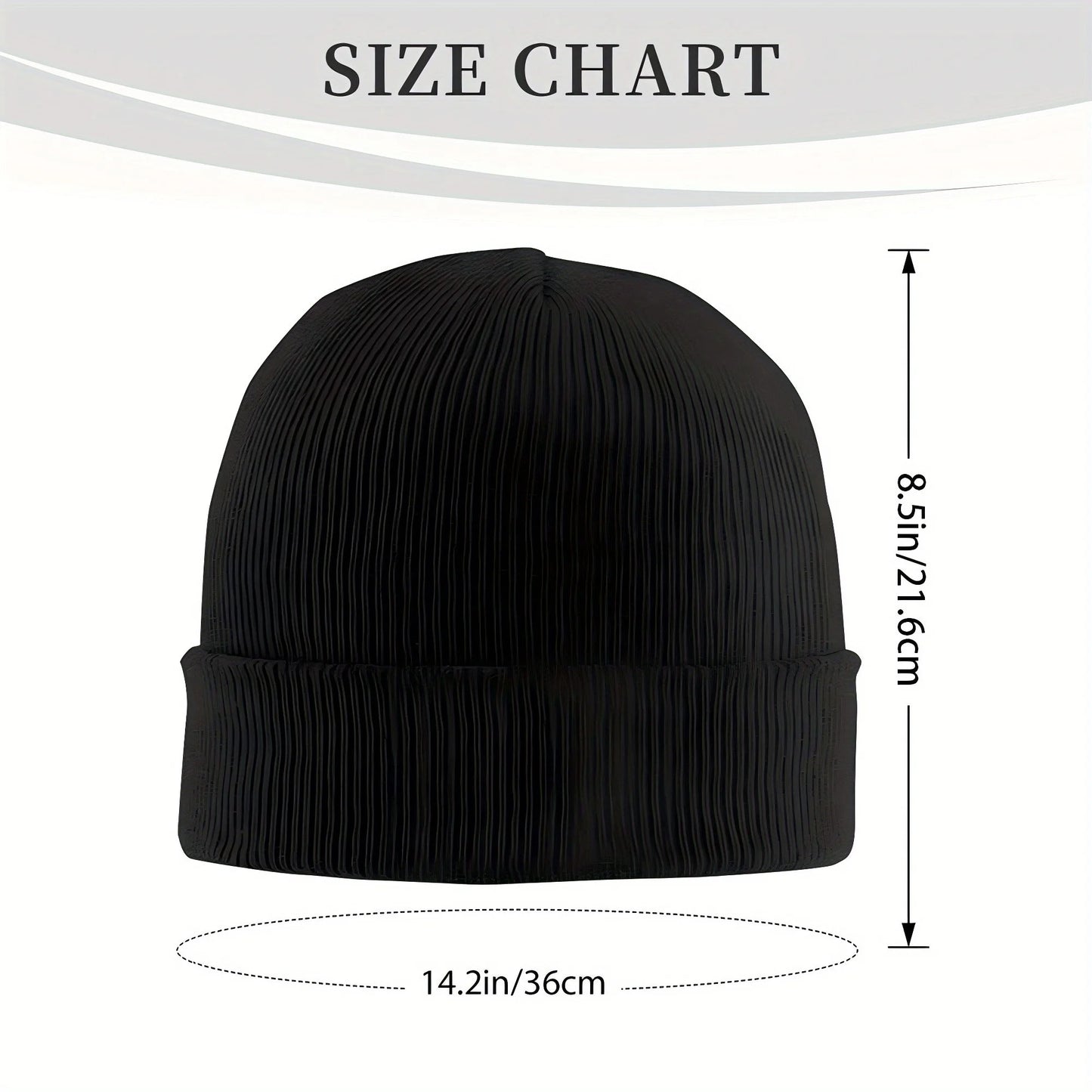 Bonnet tricot noir, bord côtelé, schéma de taille 14,2 cm