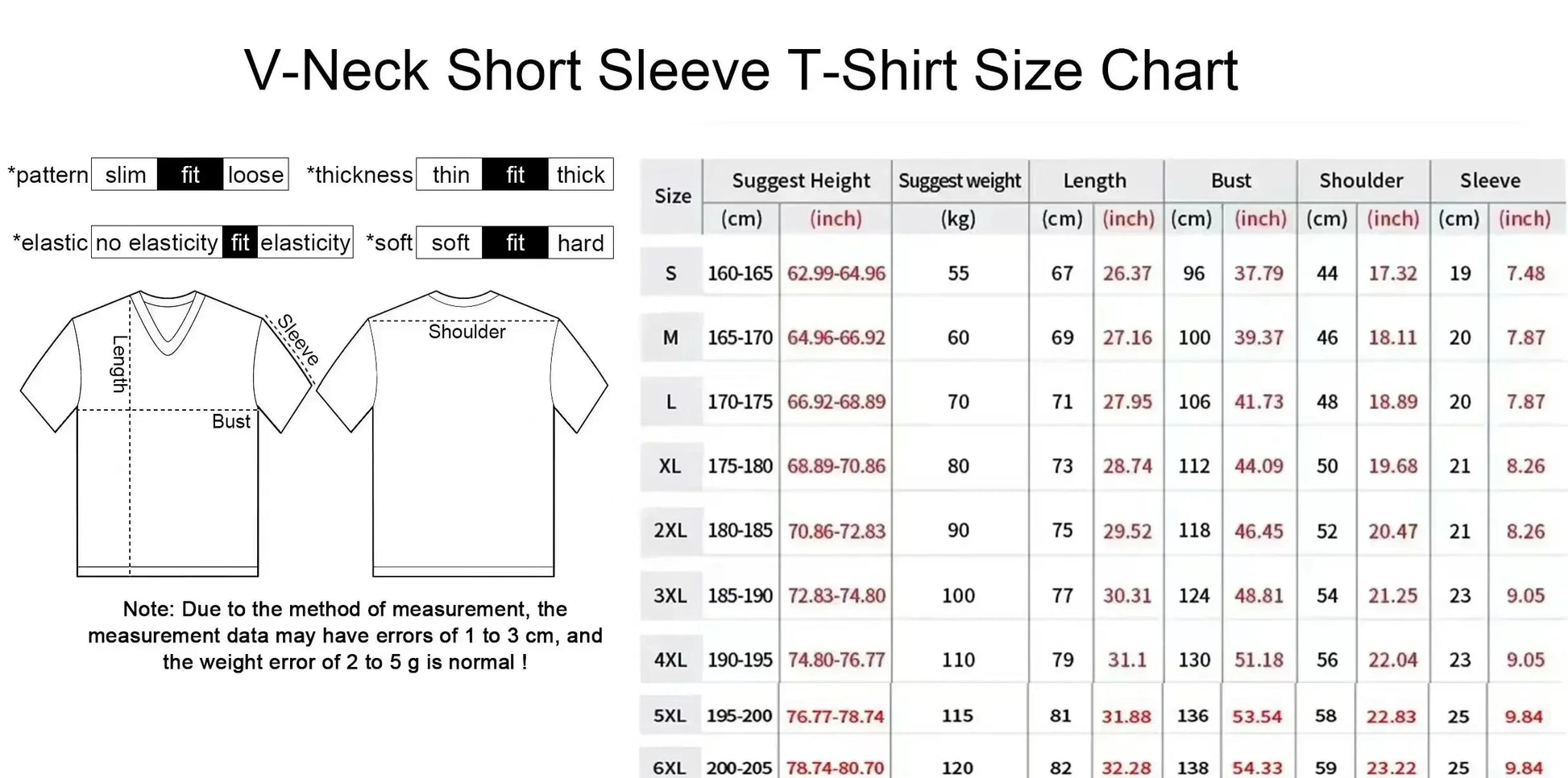 Guide des tailles t-shirt col V manches courtes : tailles, poids et mensurations.