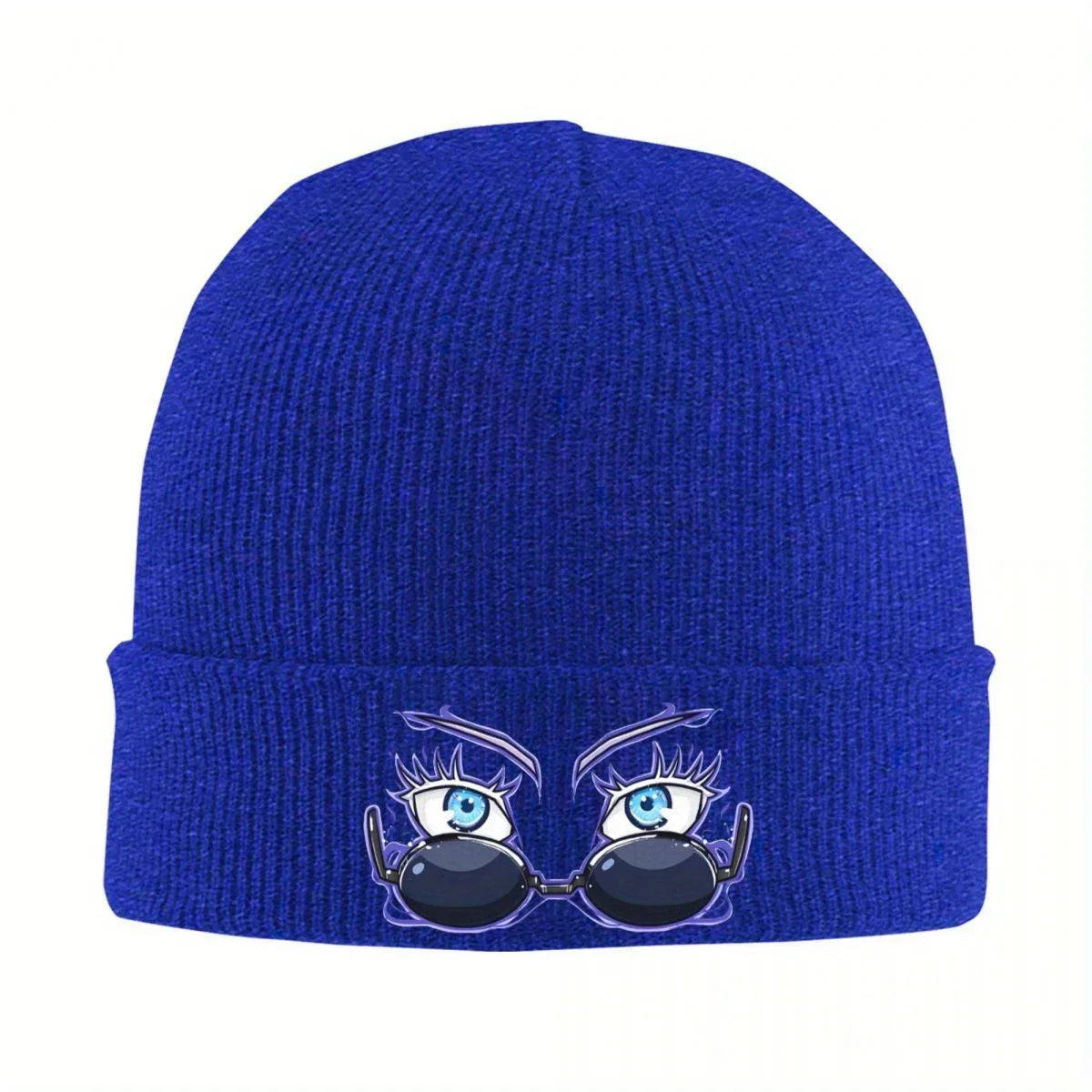 Bonnet tricot bleu, bord côtelé, logo de personnages bleus sur le revers