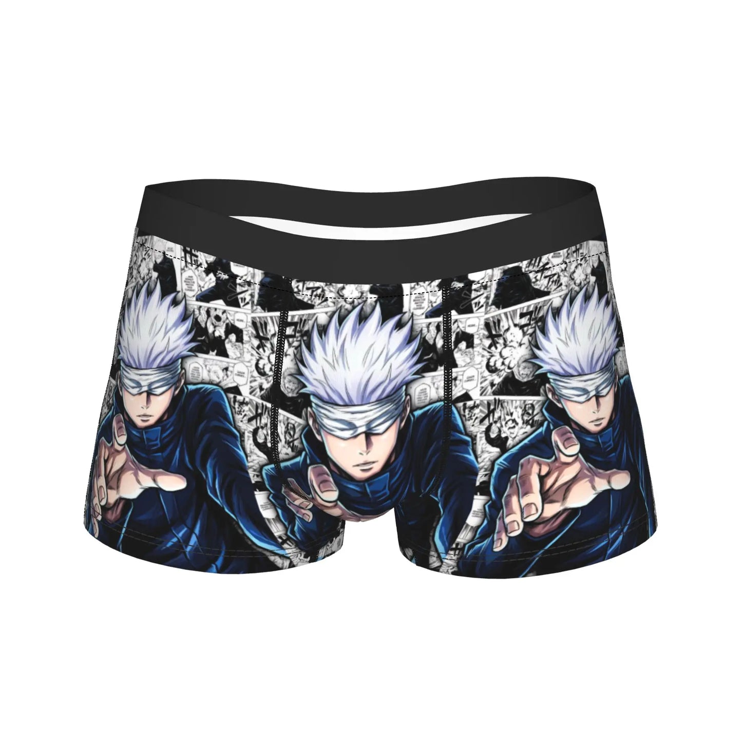 Boxer noir imprimé manga Satoru Gojo, ceinture noire, motifs sur les jambes.