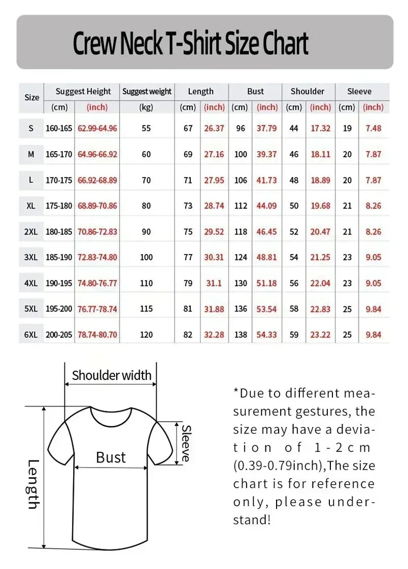 Tableau des tailles T-shirt col rond: hauteur, poids, longueur, buste, épaules et manches.