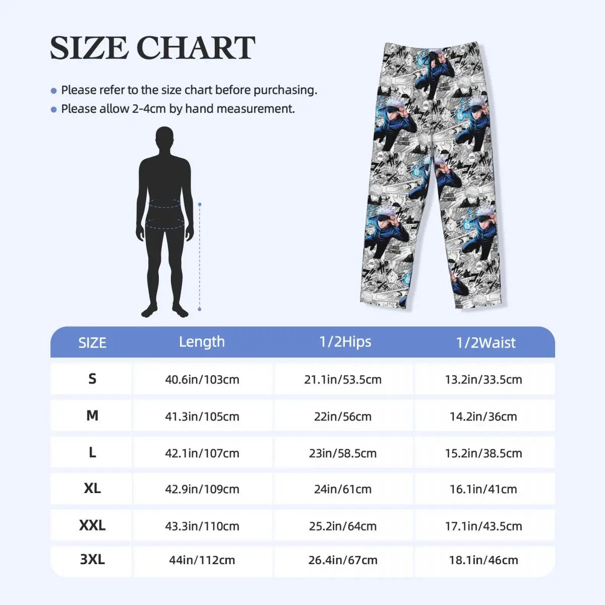 Pantalon de pyjama Jujutsu Kaisen blanc et bleu à motifs, avec tableau des tailles