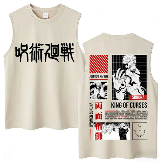 Débardeur Jujutsu Kaisen Sukuna King of Curses Grille : beige sans manches imprimé Sukuna King of Curses devant et dos