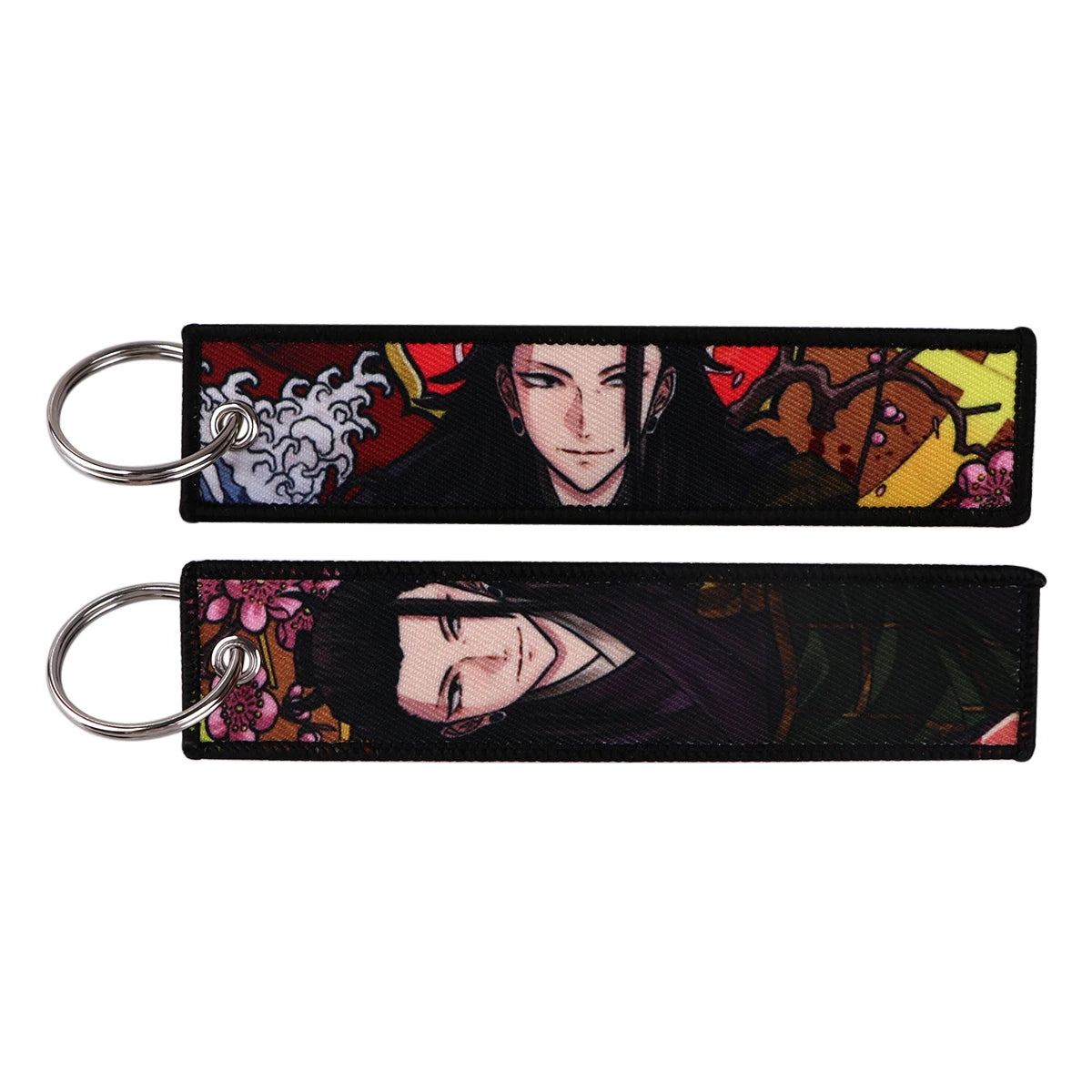 Porte-clés Jujutsu Kaisen Geto Motif Floral : rectangulaire en tissu noir avec anneau métal et motif floral Geto