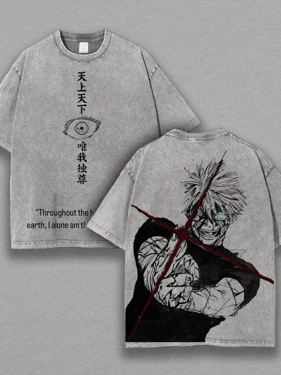 T-shirt gris col rond, imprimé œil à l’avant et personnage à l’arrière