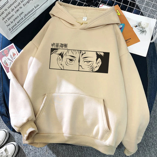 Pull à capuche beige, poche kangourou, grand imprimé manga noir