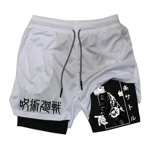 Short Jujutsu Kaisen Gojo Gris Colonne Katakana : gris clair avec cordon, impression graphique noire et inscriptions verticales sur la