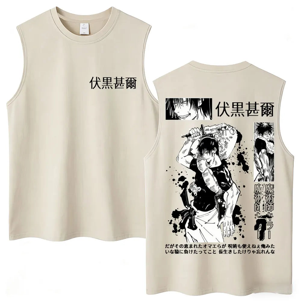 Débardeur Jujutsu Kaisen Toji Kanji Rouge Discret : beige sans manches à imprimé noir et blanc devant et dos