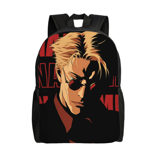 Sac à dos noir avec grand visuel anime rouge et portrait, bretelles réglables