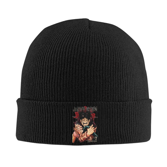 Bonnet tricot noir Jujutsu Kaisen, écusson Choso vintage coloré