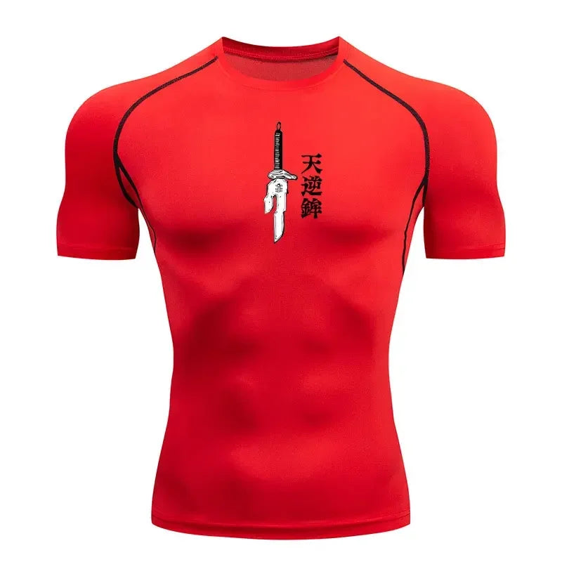 T-shirt de compression rouge avec coutures contrastées et motif épée blanche sur le devant