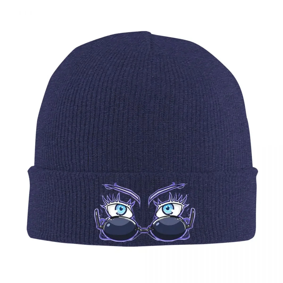 Bonnet tricot bleu marine, bord côtelé, logo de personnages bleus sur le revers