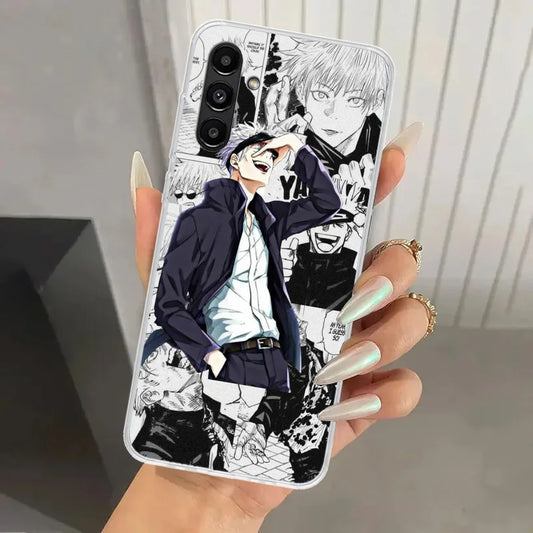 Coque Samsung Jujutsu Kaisen Gojo Veste Manga : avec illustration manga noir et blanc, découpes photo, veste bleue