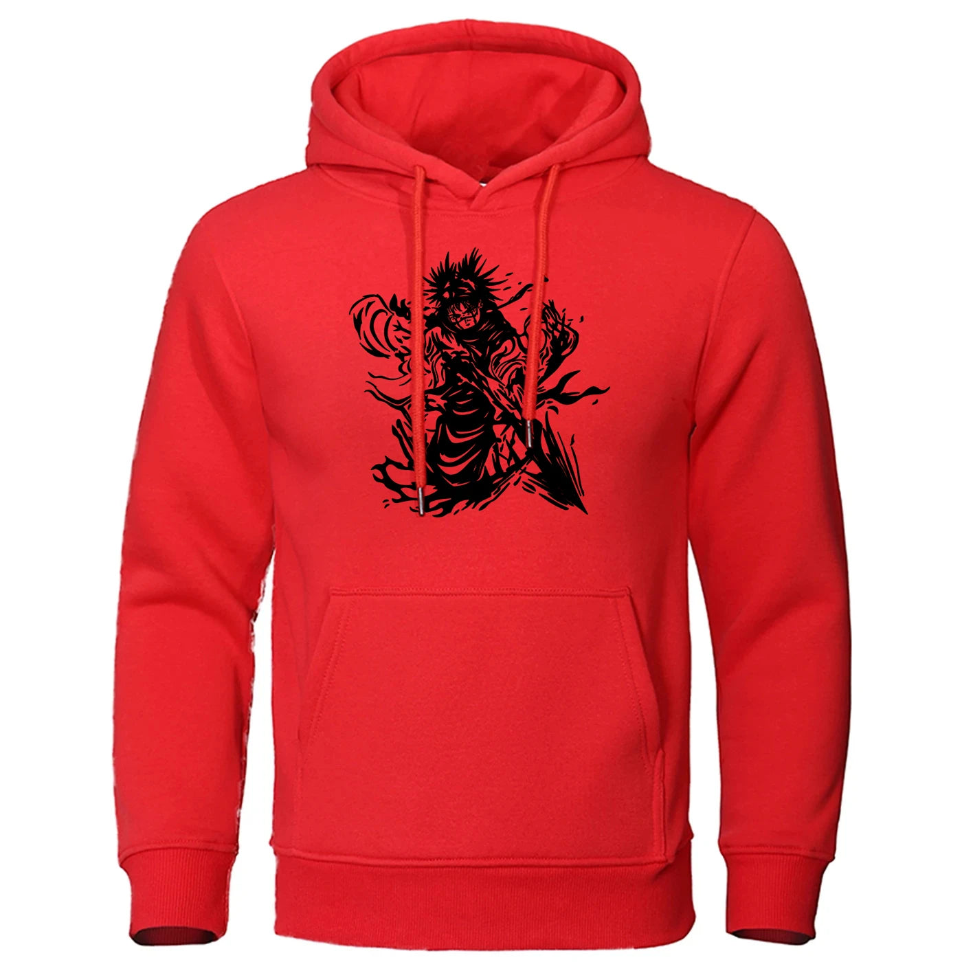 Sweat à capuche rouge avec grand motif sombre au centre et poche kangourou.